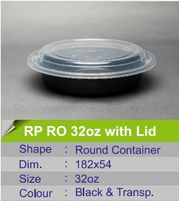 علب طعام بلاستيك بقاعدة سوداء RO-32 أونصة مع غطاء شفاف – عبوة 10 قطع | آمنة للاستخدام في الميكروويف
